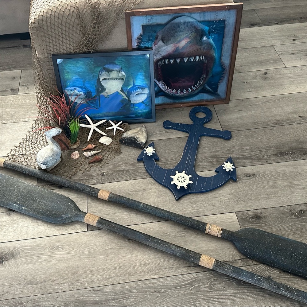Nautical Decor Set with Shark Art and Anchor
